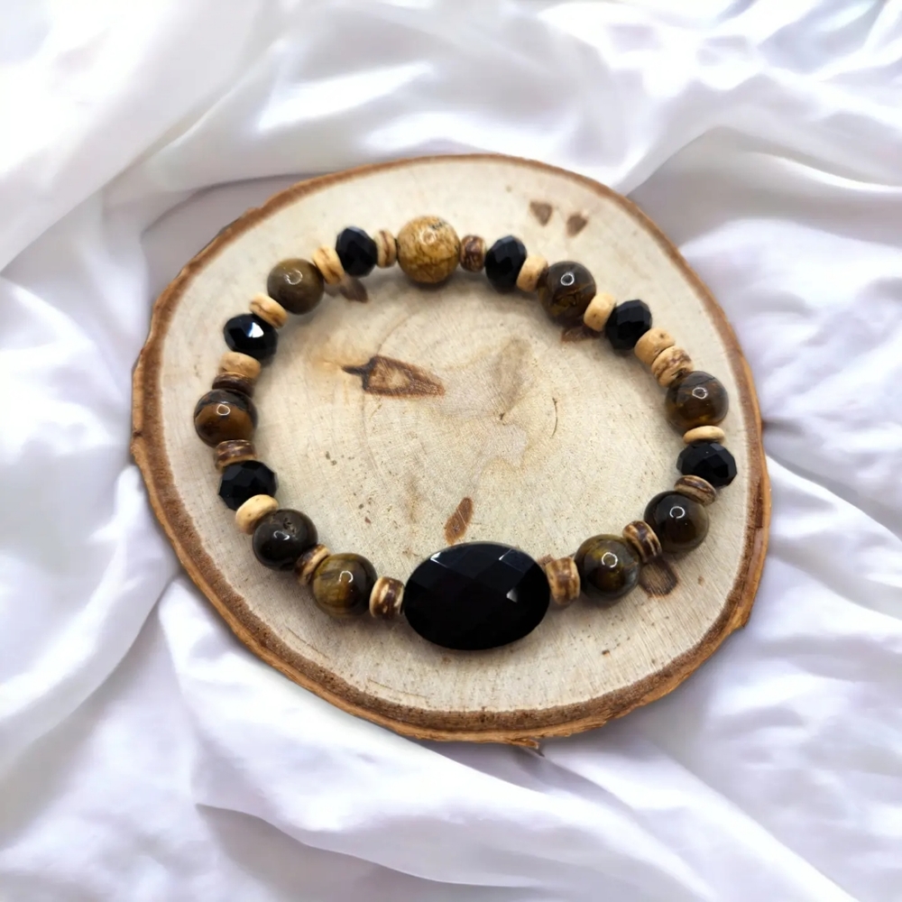 Tiger Eye, Picture Jasper, Faceted Black Obsidian Bracelet